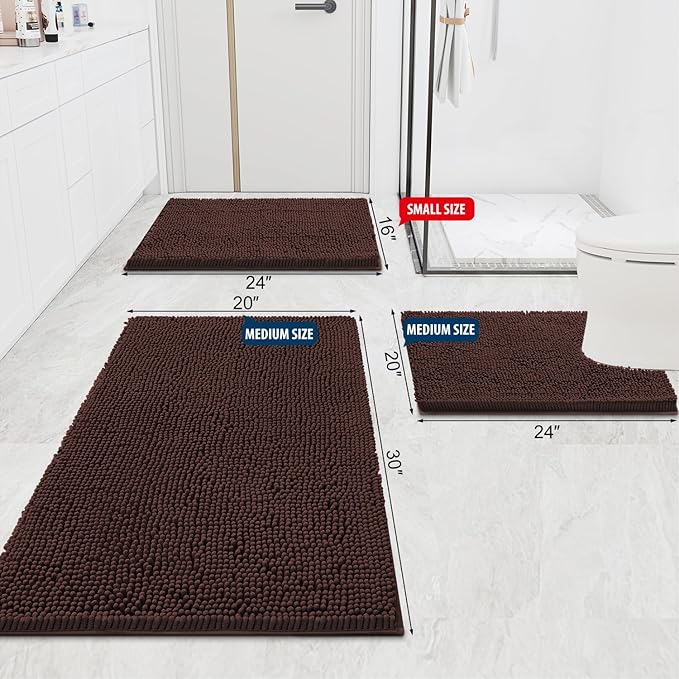 Smiry Luxury Chenille Bathroom Rugs 48x32, Extra Soft and Absorbent Shaggy Bath Mat, Machine Washable, Non-Slip Plush Carpet Runner for Tub, Shower, and Floor, Home Decor Accessories, Brown