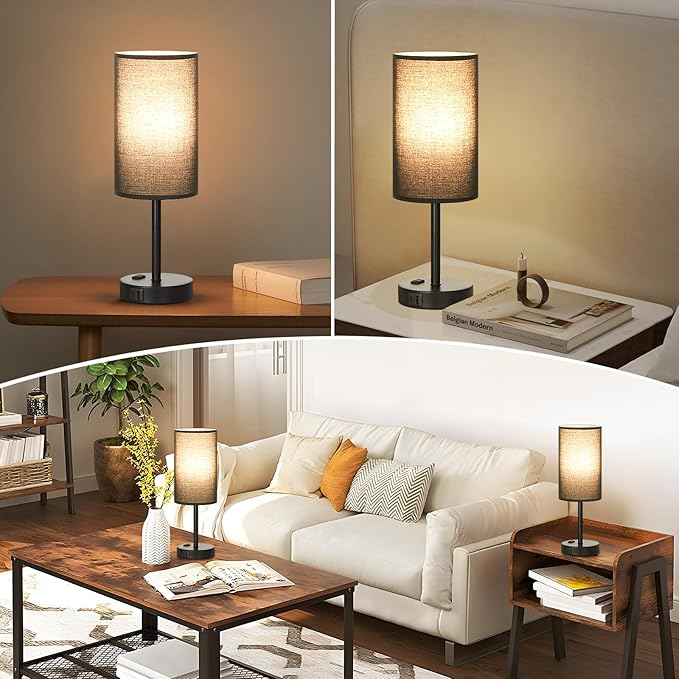 17.4inches Tall Black Touch Table Lamps Set - 3 Way Dimmable Bedside Lamps with USB C and A Ports, Small Lamps for Nightstand with AC Outlet, Round Flaxen Shade for Desk, Office, Dorm, Nursery