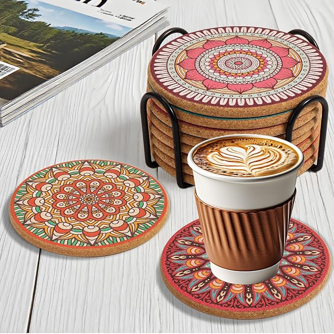 Coasters Set of 8,Cork Coasters for Drinks,Colorful Drink Coaster with Holder,Cute Coaster for Coffee Table,Boho Apartment Home Decor,Boho Gifts for Women