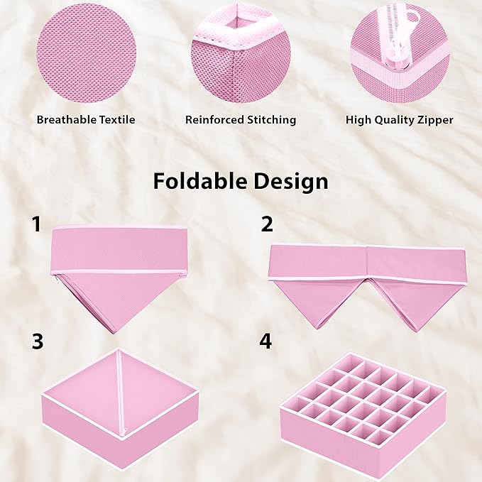 Simple Houseware 4-Pack Drawer Organizer Set - Closet Dividers for Underwear, Socks, Bras, Scarves, Ties - Foldable Non-Woven Storage Boxes, Pink