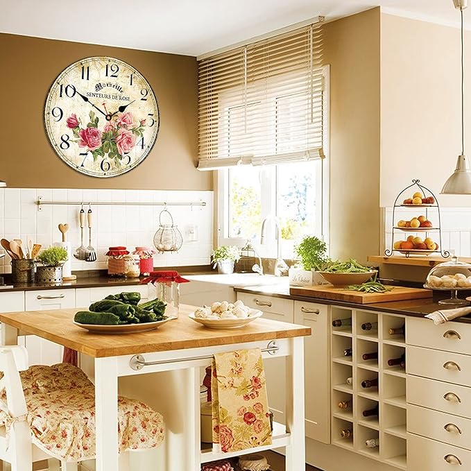 Home Clock 14 Inch Silent Non-Ticking Quartz Movement Wooden Wall Clock Round Battery Operated Indoor Decorative Wall Clocks Vintage French Floral Wall Clock (Pink Roses)