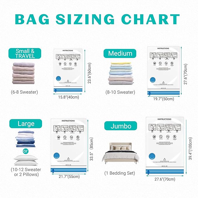 15 Pack Vacuum Storage Bags 80% Space Saver Vacuum Seal Bags for Clothing Compression for Comforters Blankets Travel Luggage Clothes with Hand Pump(3 Jumbo/3 Large/3 Medium/3 Small/3 Roll)