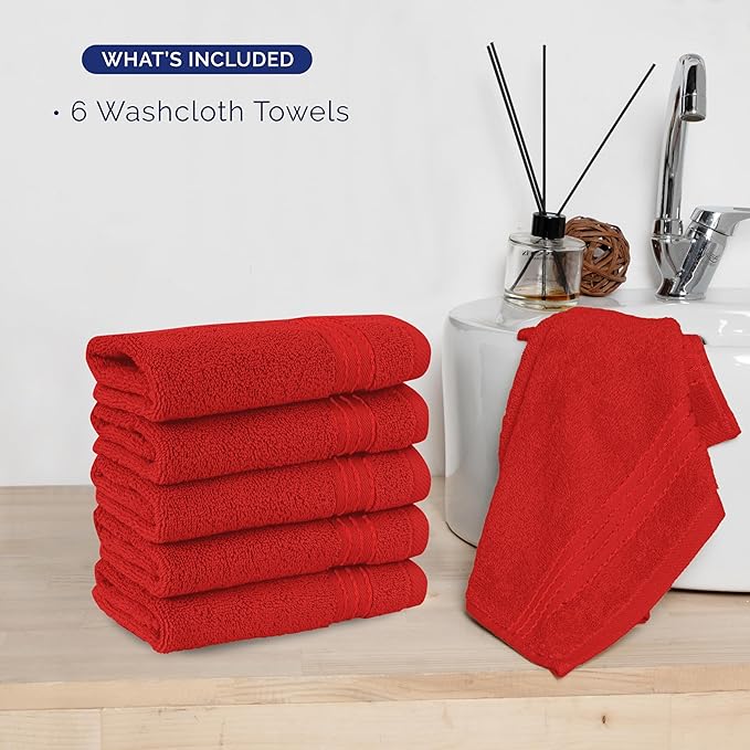 Elegant Comfort Premium Turkish Cotton 6 Pack Washcloths Set - 13 x 13 inch, Luxurious Hotel Spa Quality 100% Turkish Cotton 6PC Washcloth Set - Highly Absorbent - Soft Bathroom Towels, Red