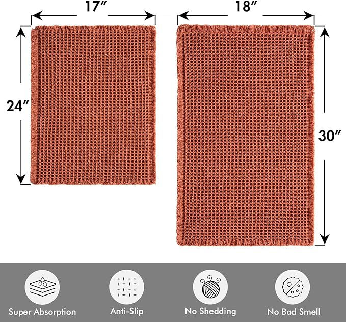 MIULEE Fall Orange Set of 2 Waffle Bathroom Rugs, Boho Bath Rugs Non Slip Washable, Super Absorbent Bath Mats, Ultra Soft Rubber Backed Shower Mats for Bathroom Floor, Tub, 17"x24"+18"x30"