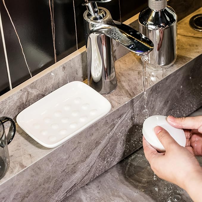 Soap Dish, Ceramic Soap Holder Shower Soap Dish for Bar Soap Sponge, Soap Saver Tray for Bathroom Kitchen Sink, White