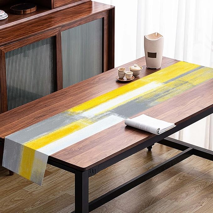 Mcalk Yellow Table Runner and Placemats Set of 6 Pieces, Modern Grey Placemats, Abstract Cloth Place Mats Indoor for Kitchen,Washable Linen Material for Dining Table