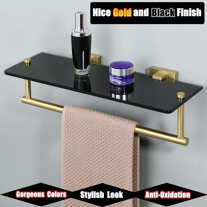 Alise Bathroom Shelves Glass Shelf with Bar,Wall Mount Floating Shelves for Bathroom,1 Tier Tempered Glass Holder Storage Organizer,SUS304 Stainless Steel Gold and Black
