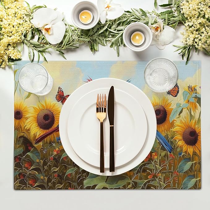 Giwawa Sunflower Birds Placemats Set of 4, Summer Sun Flower Butterflies Linen Place Mat 12x18 Inch, Farmhouse Floral Washable Table Mats Kitchen Dining Tabletop Party Picnic Decor