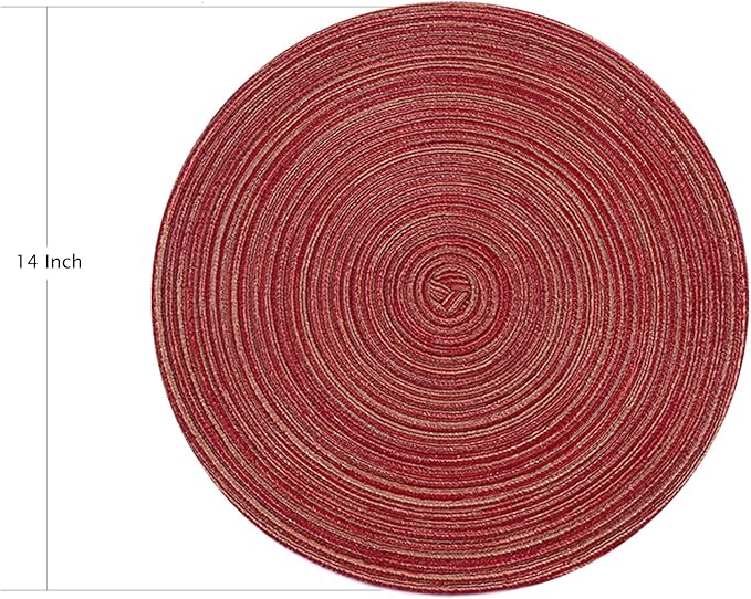 Topotdor 14 Inch Round Placemats Heat-Resistant Stain Resistant Anti-Skid Washable Polyproplene Table Mats Placemats (Burgundy Multi Color, Set of 6)
