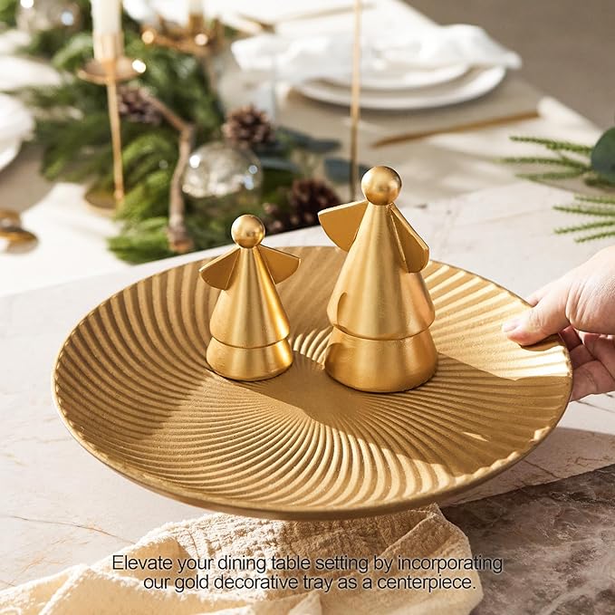 DN DECONAITON Brass Gold Decorative Tray for Coffee Table,12” Round Wood Tray for Home Decor, Spiral Design Vintage Vanity Trays Farmhouse Table Centerpiece, Living Room, Bedroom, Bathroom