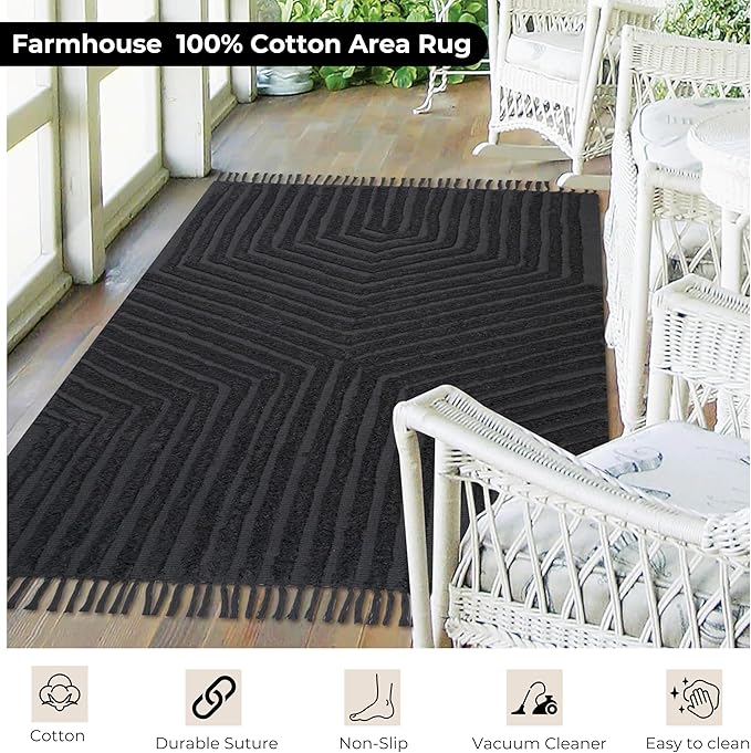 Boho Farmhouse Cotton Area Rug 4x6, Washable Tufted Indoor Carpet for Living Room Bedroom Office Room Dining Room Kitchen, Soft Grey Floor Rug, Decorative Home Décor Accent