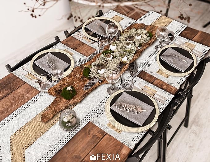FEXIA Boho Placemats Set of 6, Macrame Table Decor and Farmhouse Style Placemats Natural Cotton Burlap, for Kitchen and Dining Table Centerpiece Home Decorations