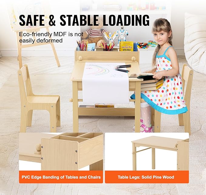 VEVOR Kids Art Table and 2 Chairs, 2-in-1 Toddler Craft and Play Activity Table, Wood Toddler Table and Chair Set with A Cabinet for Art, Craft, Reading, Learning
