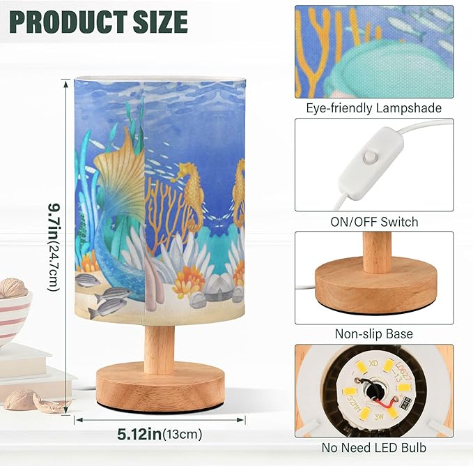 Table Lamp Watercolor Mermaid Girl Seahorse Fish Coral Ocean Sandy Sunshine Nightstand Lamp with Wood Base Fabric Lamp Shade Bedside Desk Lamp for Living Room Bedroom Kids Room Office