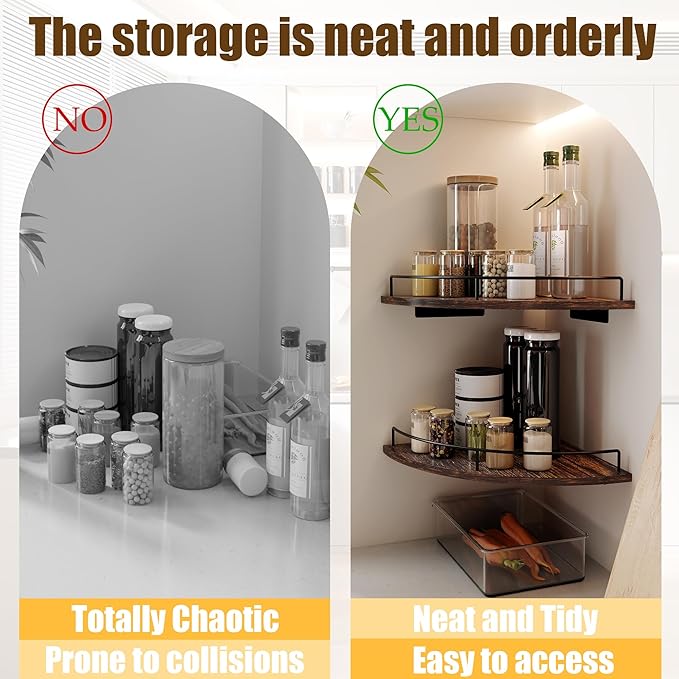 Corner Floating Shelves, Rustic Brown Wood, Set of 2, Wall Mount Storage with Guardrail for Bathroom Kitchen Living Room