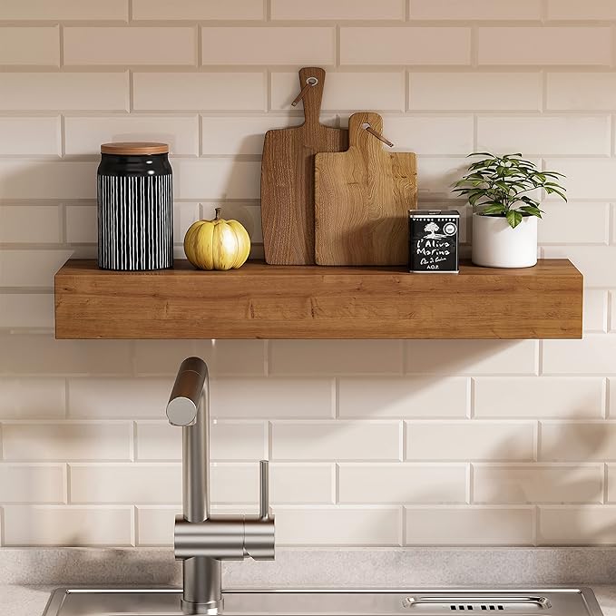 Wall Floating Shelves, Rustic Wood Wall Shelf Handmade (Light Walnut, 24 Inch - 2 Pack)