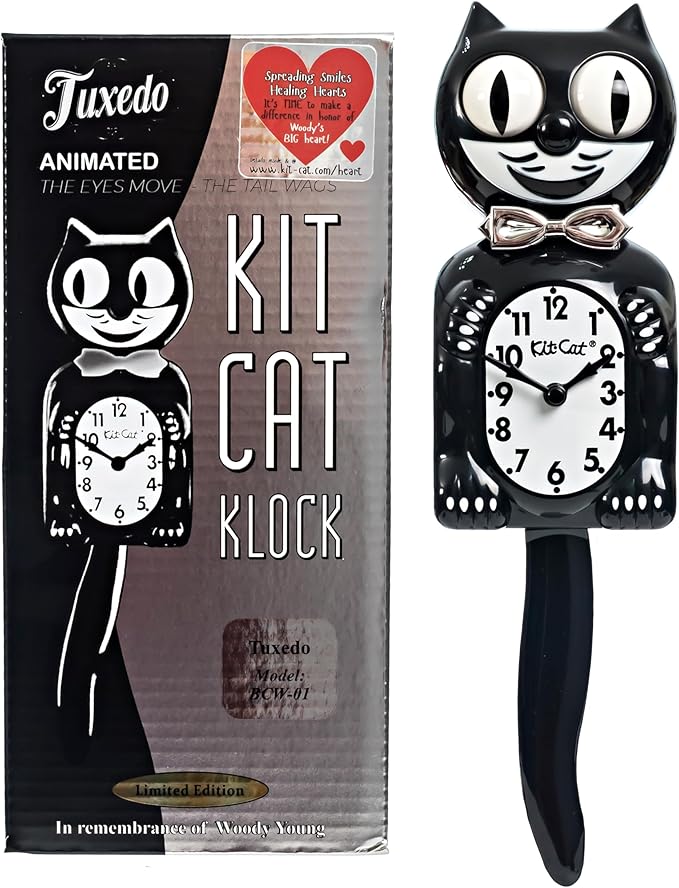 Kit-Cat Tuxedo Clock, Limited Edition Anniversary, Black with Chrome Bow Tie, Classic Moving Eyes and Tail