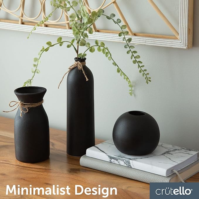 Crutello Ceramic Vase Set - 3 Black Textured Vases - Rustic Vase Set, Perfect Home Decor for Mantles, Bookshelves, Tables, Entryways