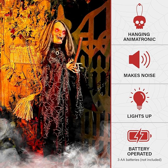 Haunted Hill Farm Animatronic Scary Witch Door Greeter with Touch Activated Lights and Sound, Battery-Operated Indoor or Covered Outdoor Halloween Decoration
