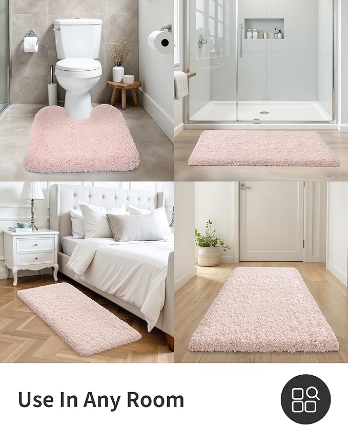 ILANGO Pink Bathroom Rugs 36" × 24" Non Slip & Super Absorbent Extra Thick Soft, Washable Bath Mat for Floor, Non Shedding Microfiber Plush Shaggy Bath Rug with Rubber for Bathtub Shower Room Sink