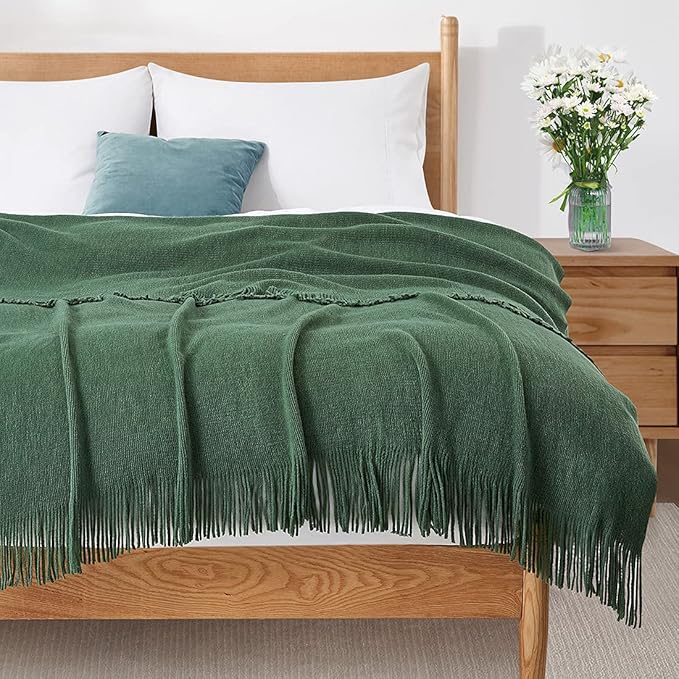 Homiest Decorative Knitted Throw Blanket with Fringe Soft & Cozy Tassel Blanket for Couch Sofa Bed (Dark Green, 50x60)