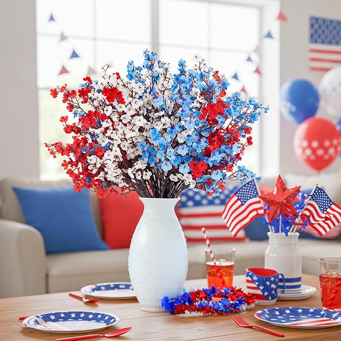 4th of July Babys Breath Artificial Flowers 16 Bundles Red White Blue Fake Silk Flowers Patriotic Memorial Flowers for Independence Day Home Floral Arrangement Table Centerpieces Decorations