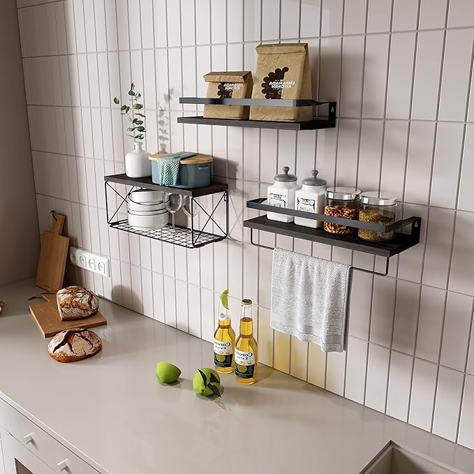 Bathroom Shelves with Wire Storage Basket, Floating Shelves Over Toilet with Protective Metal Guardrail, Wall Shelves for Bedroom, Living Room, Kitchen and Bathroom Toilet Paper