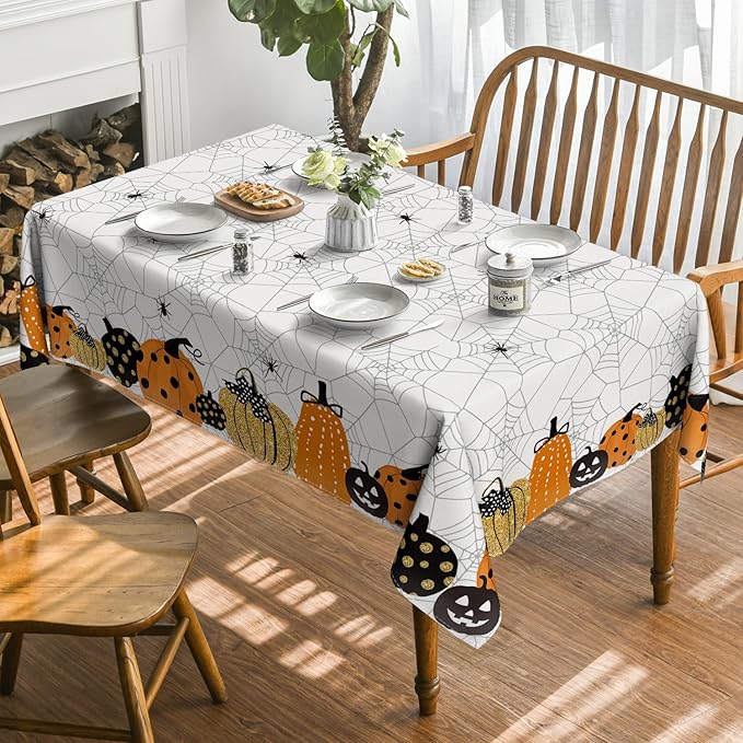 Horaldaily Halloween Tablecloth 52x70 Inch Rectangular, Jack-O-Lantern Pumpkin Cobweb Scary Themed Washable Table Cover for Party Picnic Dinner Decor