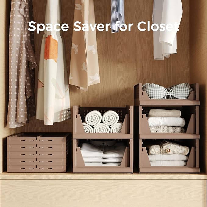 Pinkpum 4 Pack Folding Closet Organizers Storage Box, Stackable Plastic Drawer Basket for Clothing, Stackable Storage Bins Shelf Storage Container for Closet Wardrobe Bedroom Bathroom Office (Toffee)
