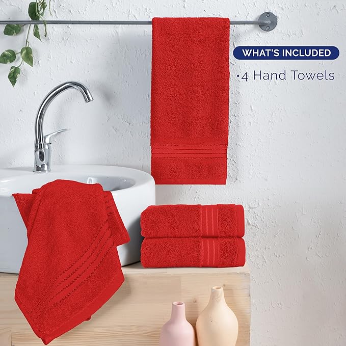 Elegant Comfort Premium Turkish Cotton 4 Pack Hand Towel Set - 16 x 28 inch, Luxurious Hotel Spa Quality 100% Turkish Cotton 4PC Hand Towel Set - Highly Absorbent - Soft Bathroom Towels, Red