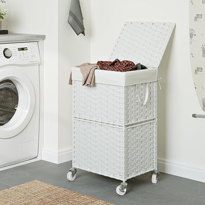 Chrislley 90L Slim Laundry Hamper with Wheels,Rolling Laundry Basket with Lid and Renovable Liner Bag,Handwoven Rattan Organizer for bedroom, bathroom, laundry room (White)