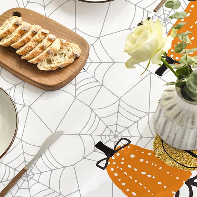 Horaldaily Halloween Tablecloth 90×90 Inch Round, Jack-O-Lantern Pumpkin Cobweb Scary Themed Washable Table Cover for Party Picnic Dinner Decor