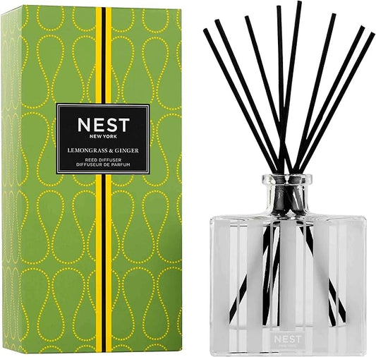 NEST New York Reed Diffuser, Lemongrass & Ginger - 5.9 fl oz - Fragrance for Up to 90 Days - Reusable, Refillable Glass Holder - Includes 8 All-Natural Reed Sticks - Flame Free