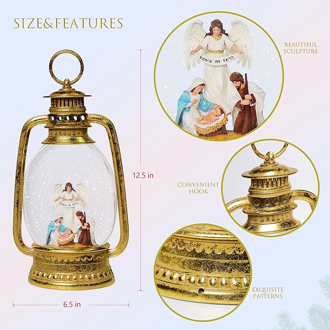 Christmas Snow Globes, 12.5" Angel and Nativity Glitter Water Lantern with Song, 6H Timer Battery & USB Powered Music Box for Christmas Decorations Indoor