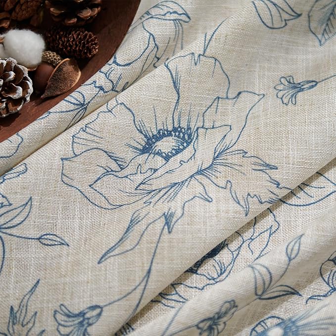 jinchan Floral Linen Curtains for Living Room 96 Inch Length Blue Flower Curtain Rod Pocket Back Tab Farmhouse Curtains with Printed Floral Bedroom Window Curtain Set, 2 Panels Blue