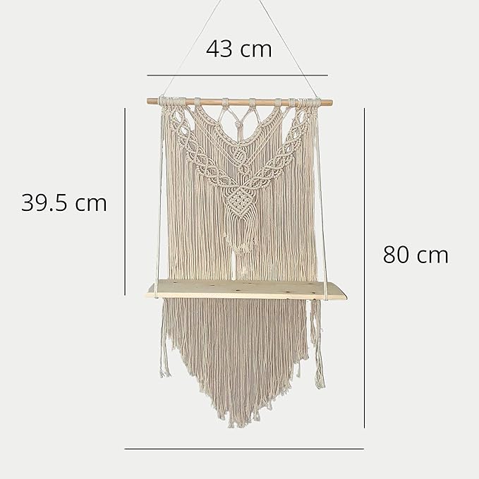 NORAS's ACCENT Macrame Wall Hanging Shelf - Boho Indoor Outdoor Hanging Shelves Organizer for Wall Decor - Decorative Bohemian Wall floating Storage Shelf for Plants, Handmade Cotton Rope Pine Wood