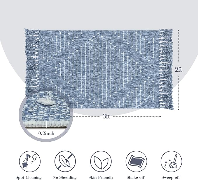 LIVEBOX Boho Bathroom Rug 2' x 3' Washable Blue Rugs Small Moroccan Throw Rug for Bath,Cotton Woven Area Rug Carpet with Tassel for Entryway Kitchen Sink Front Door