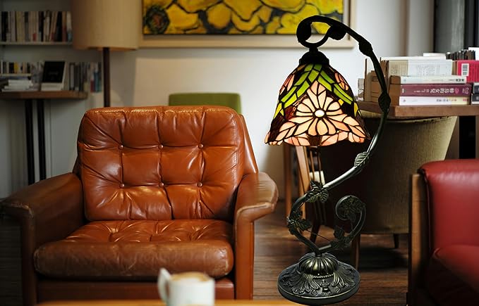 Tiffany Lamp,21x11x8 inches Stained Glass Lamp,Pink Chrysanthemum Tiffany Style Table Lamp with Three-Color Dimming for Bedside,Dining Table,Antique Office