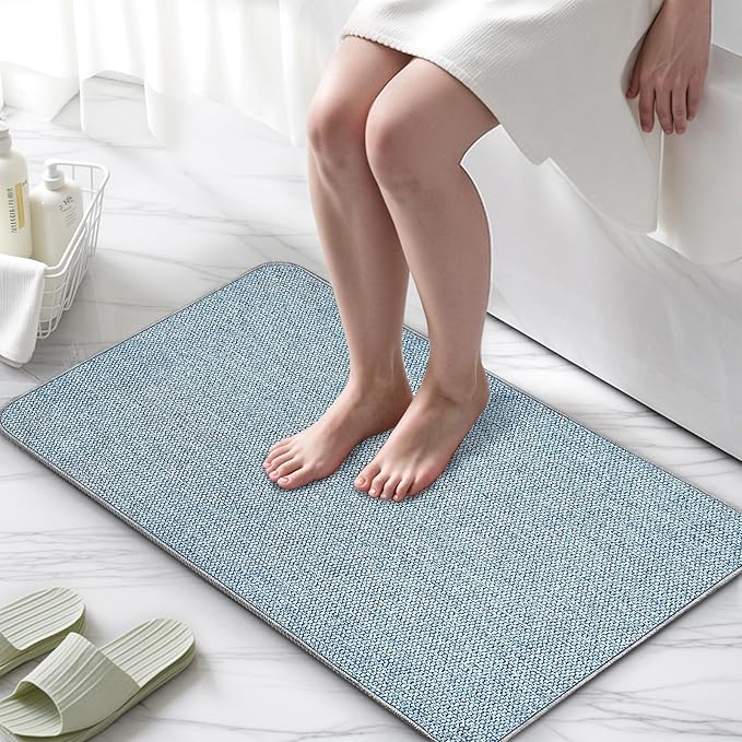 2 Pack Thin Bathroom Rugs, Bath Mat Super Absorbent, Bath Rugs Rubber Backing Non-Slip, Quick Dry Machine Washable, Cozy Cloth Bathroom Mat fit Under Door/Sink/ Bathtub/Shower/Kids 17''x27''-Blue