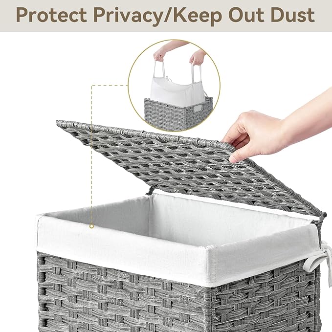 Chrislley 90L Slim Laundry Hamper with Wheels,Rolling Laundry Basket with Lid and Renovable Liner Bag,Handwoven Rattan Organizer for bedroom, bathroom, laundry room (Grey)