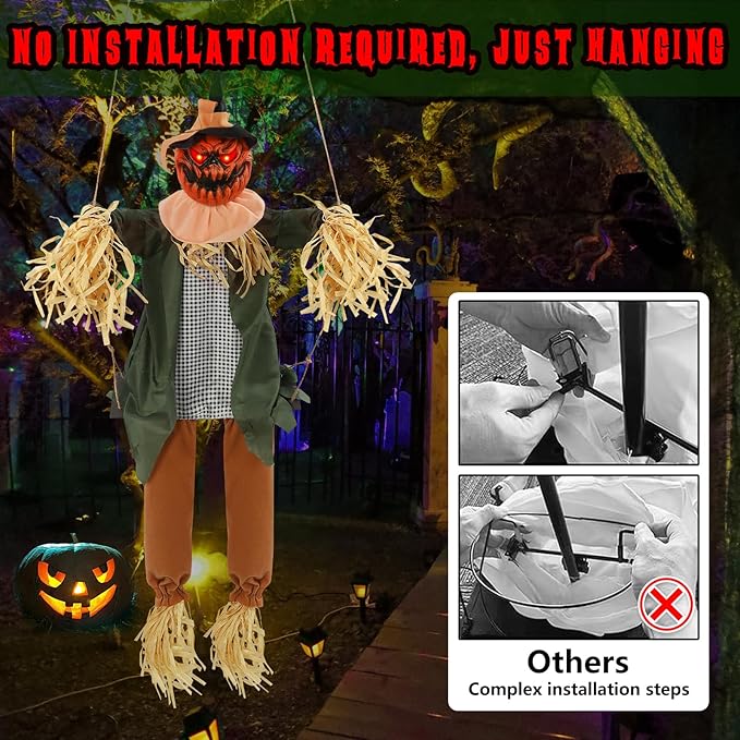 Scary Halloween Decorations - Outdoor Hanging Swinging Pumpkin with Sound & Slap Activated, Light Up Eyes Creepy Sound Expressions, Large Scary Decor Props for Indoor & Outdoor
