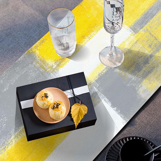 Mcalk Yellow Table Runner and Placemats Set of 6 Pieces, Modern Grey Placemats, Abstract Cloth Place Mats Indoor for Kitchen,Washable Linen Material for Dining Table
