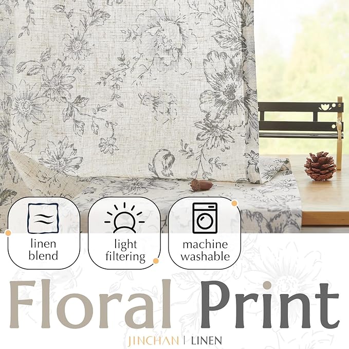 jinchan Linen Blend Curtain Floral Curtains for Living Room 96 Inch Length Grey Printed Curtain Back Tab Farmhouse Peony Flower Patterned Drapes Bedroom Window Curtains Set 2 Panels