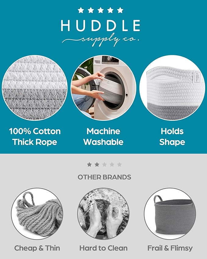 Washable Woven Storage Baskets for Organizing - 3-Pack Cotton Rope Basket with Handles - Decorative Storage Bins, Storage Baskets for Shelves, Nursery Storage Bins, Cube Baskets - White & Grey