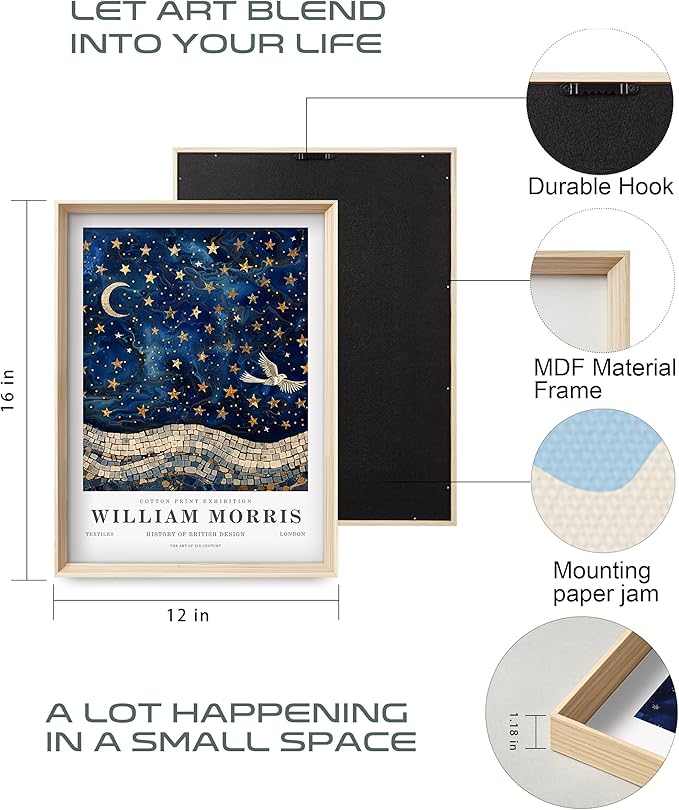 HesenDot Framed William Morris Moon and Stars Canvas Wall Art,Vintage Wall Art Prints Painting,16x12IN High Framed Design Prints,Textile Art Decor for Living Room,Bedroom,Gallery,Office Set of 3