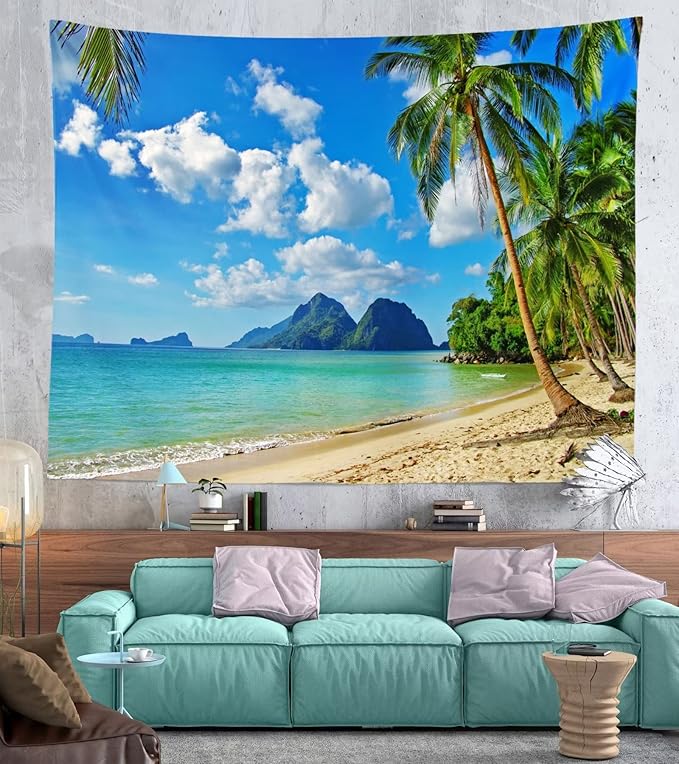 Loccor Ocean Beach Tapestry 118Wx78H Inch Tropical Seaside Island Palm Tree Waves Wall Tapestry Summer Hawaii Paradise Landscape Wall Hanging Hippie Bohemian Wall Art Living Room Bedroom Home Decor