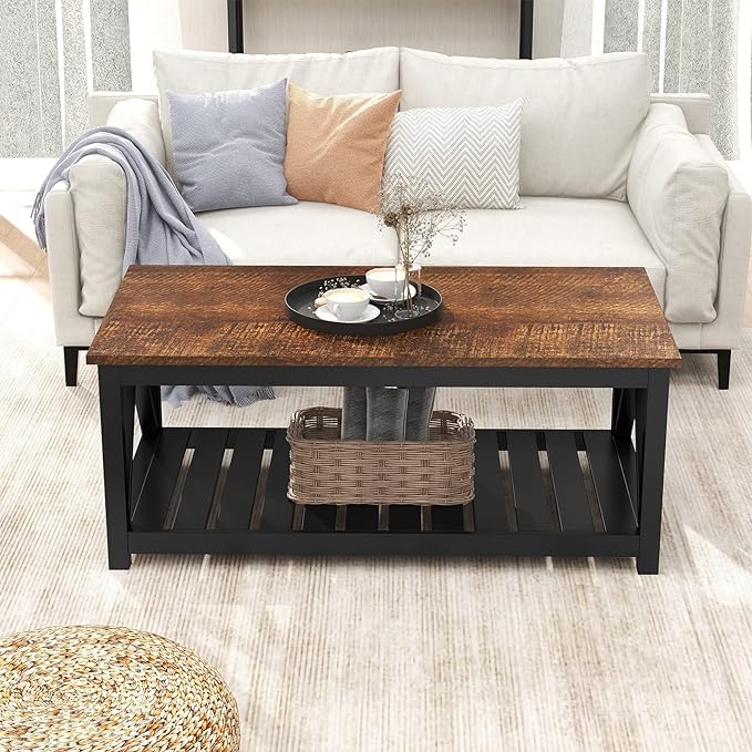 ChooChoo Black Coffee Table, Rustic Vintage Table with Shelf for Living Room, 40 Inch
