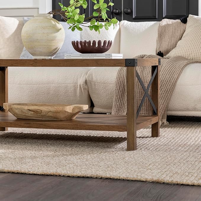 Walker Edison Sedalia Modern Farmhouse Metal X Coffee Table, 40 Inch, Rustic Oak