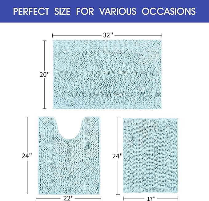 Striped Spa Blue Bathroom Rug Set 3 Pieces Ultra Soft, Non Slip Chenille Bath Carpet, Absorbent Plush Shaggy Bath Mats for Bathroom, Toilet, Bedroom, Kitchen