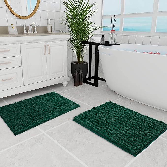 Walensee Bathroom Rug 2 Pieces Set Non Slip Bath Mat (20"x32" Plus 20"x32" Hunter Green) Water Absorbent Super Soft Shaggy Chenille Machine Washable Dry Extra Thick Perfect Carpet for Shower Floor